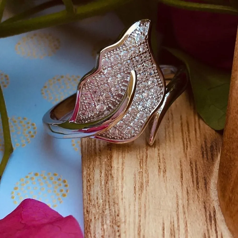 Micro Pave Cz Diamond Leaf Sterling Silver Ring Size 11